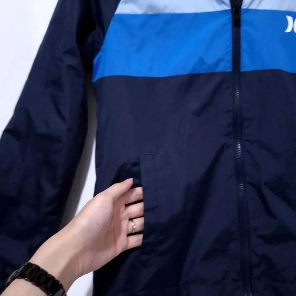 Hurley Colorblock Windbreaker Boys M 10-12Yrs Hooded Full Zip‎ Jacket Black Blue